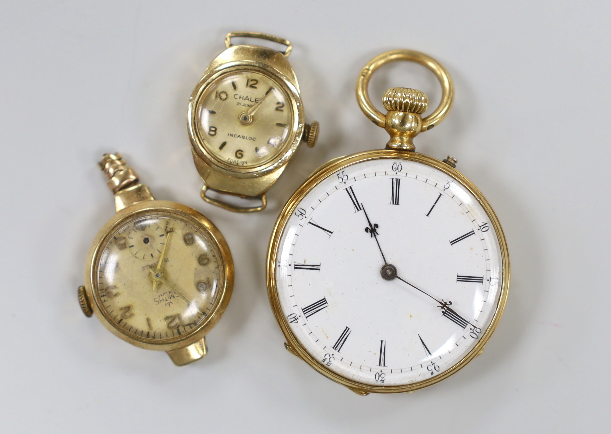 An early 20th century 18k open face fob watch, gross 32.3 grams and two lady's 9ct gold wrist watches (no straps).